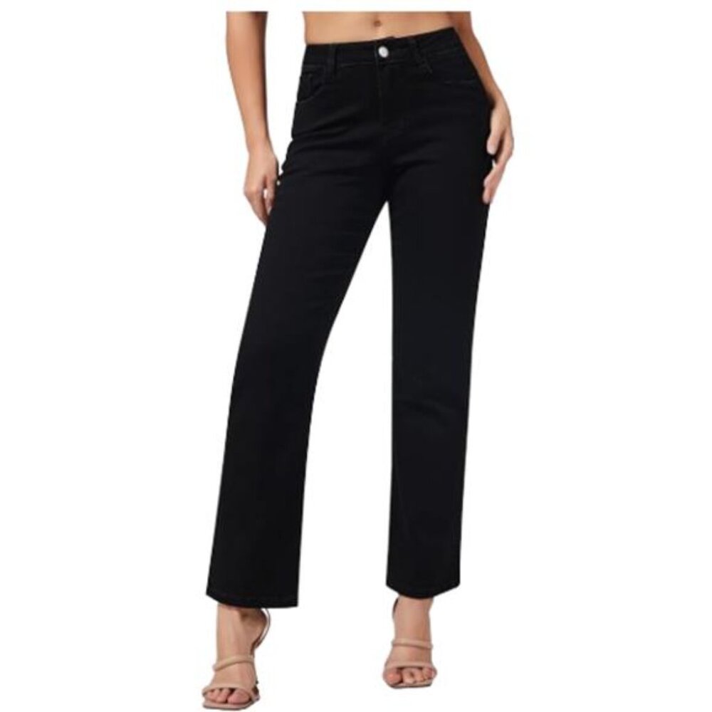 Roswear Straight Leg Jeans Casual Mid Rise Stretchy Denim Pants Black Women's S